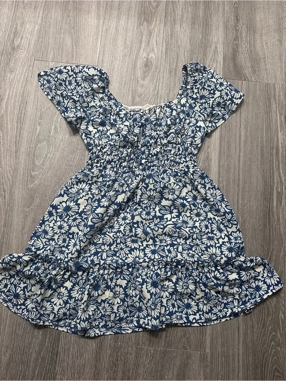 Rewind Blue and White Floral Smocked Dress